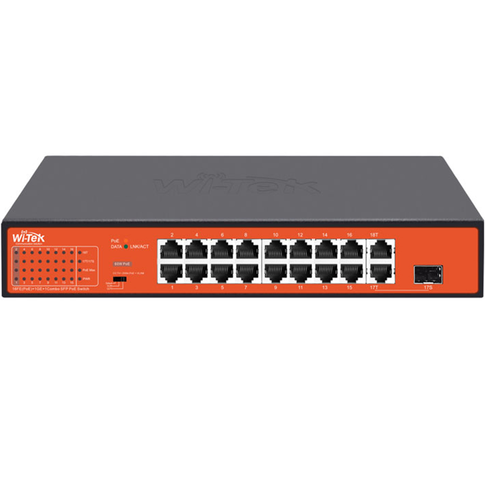 Witek PoE-Switch, 18 Ports, 16 Ports PoE, 1 Port SFP, 250m, Desktop, Rack-3